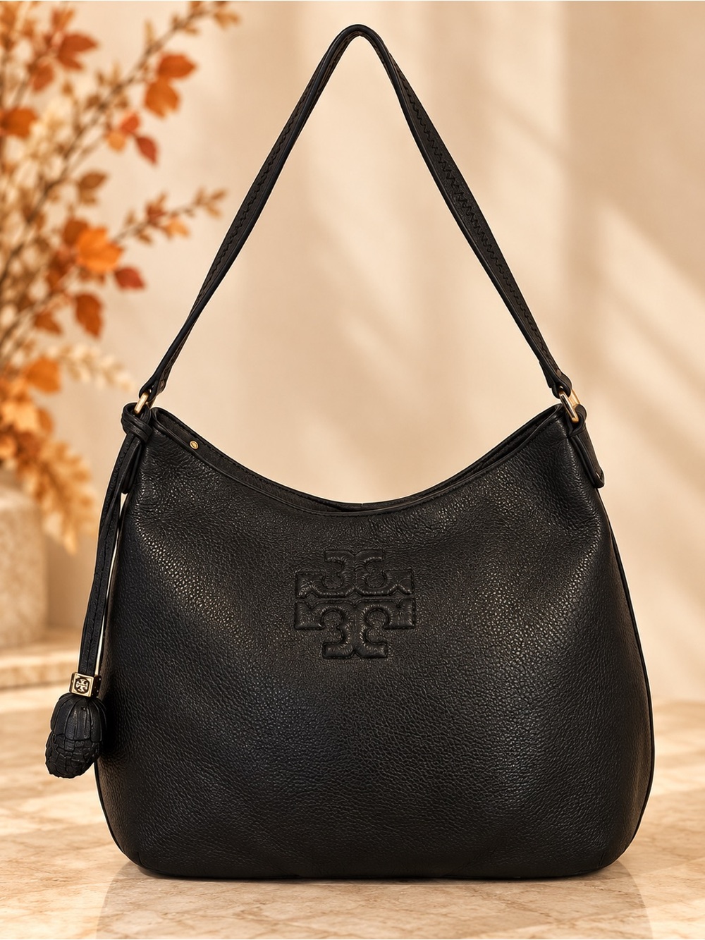 Tory Burch Black Pebbled Leather Hobo Shoulder Bag